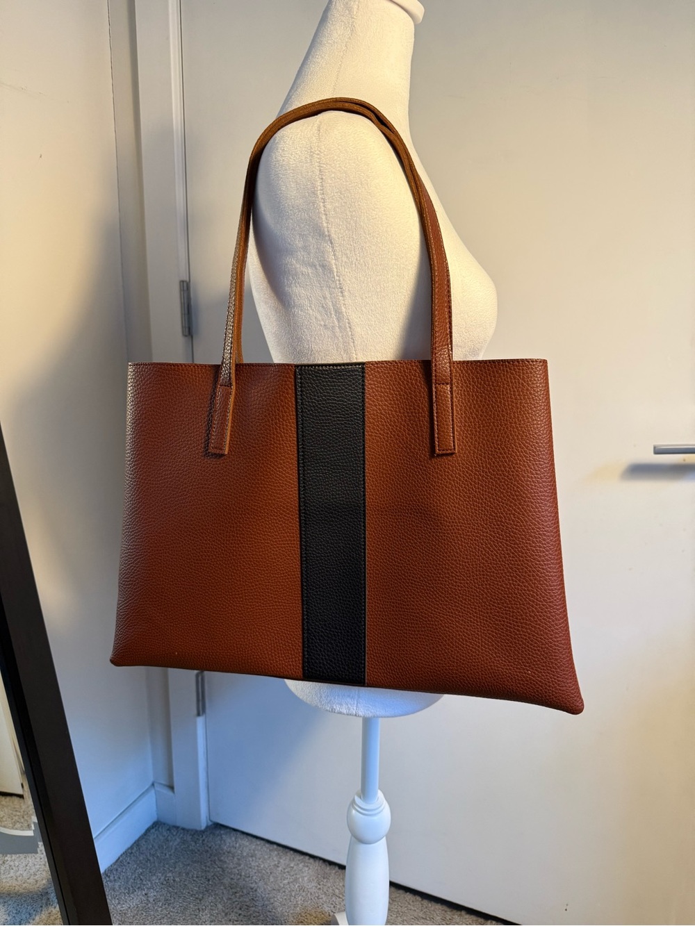 Classic Brown Leather Tote with Black Center Stripe